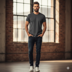 Grey T-shirt and Black denim